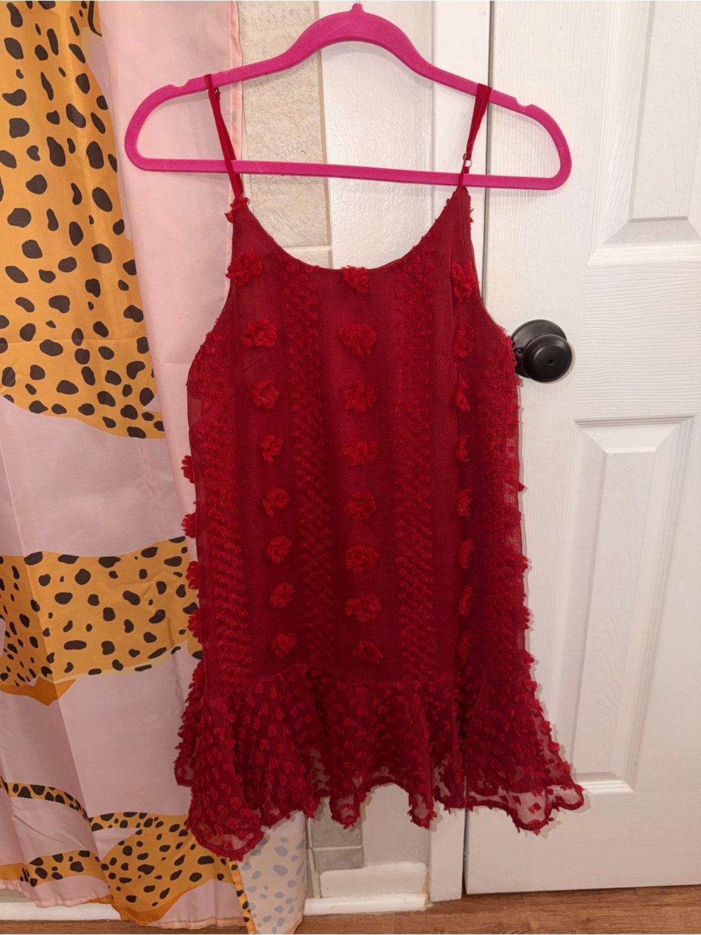 entro Red Textured Floral Midi Dress with Ruffle Hem